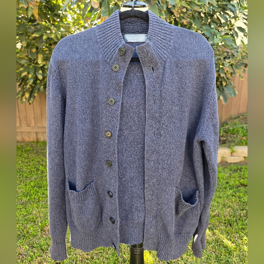Oscar De La Renta Blue Cardigan With Pockets Size Medium 100% Cotton